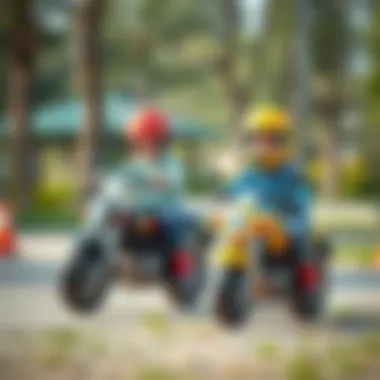 Children riding toy motorcycles in a park