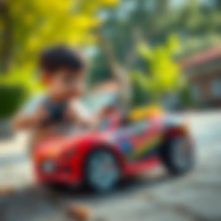 A child playing with a remote-controlled car in an outdoor setting