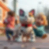 A playful scene of children engaging with a walking cat toy, showcasing their imagination.