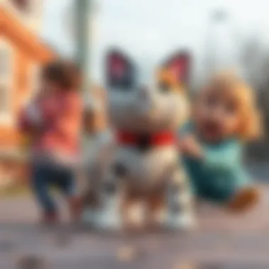 A playful scene of children engaging with a walking cat toy, showcasing their imagination.