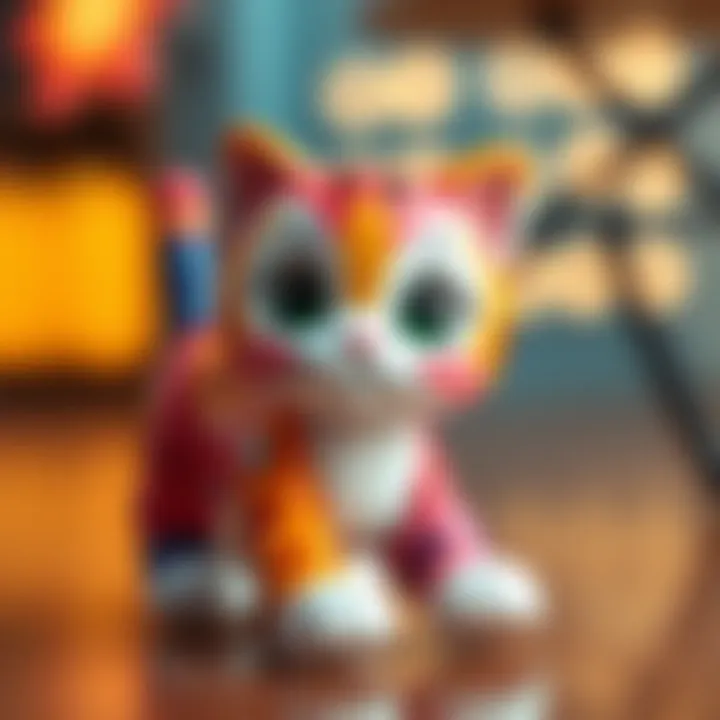 Close-up of a colorful walking cat toy, highlighting its design and features.