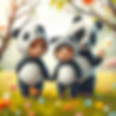 Children playing in whimsical panda outfits