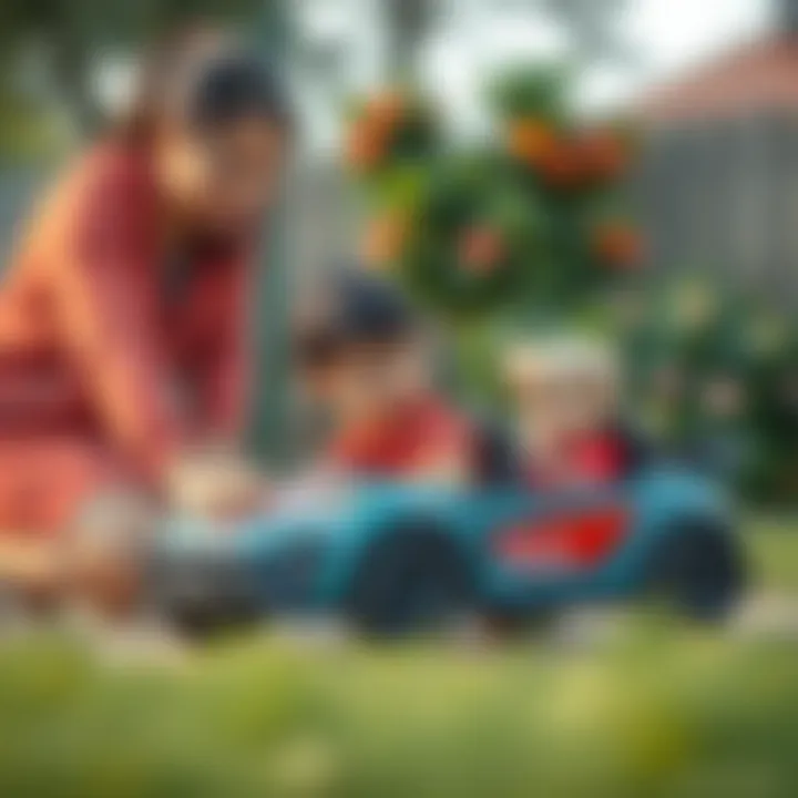 A parent supervising a child playing with an electric car in a safe environment
