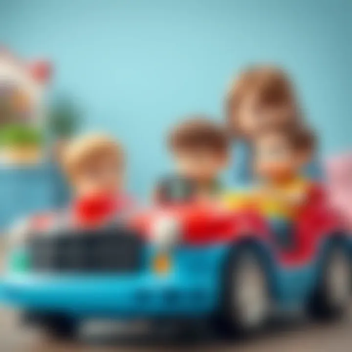 A parent supervising children while they play a two-player car game, emphasizing guidance