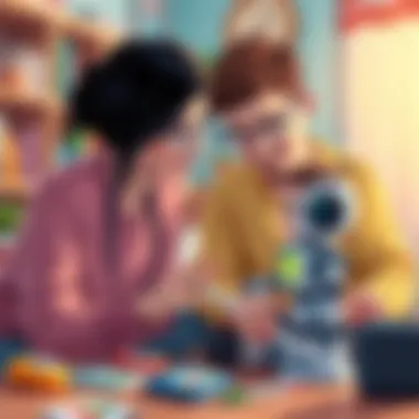 Parents assisting their child in learning with a coding toy