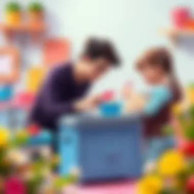 Parents selecting a toy dishwashing set for their child