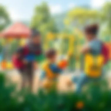 Parents observing children playing safely with their backpack water guns at a playground