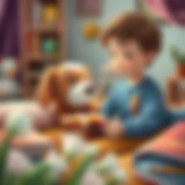A cozy scene of a child reading with a plush dog by their side