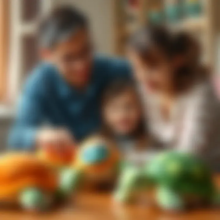 Parents engaging with children and plush turtles
