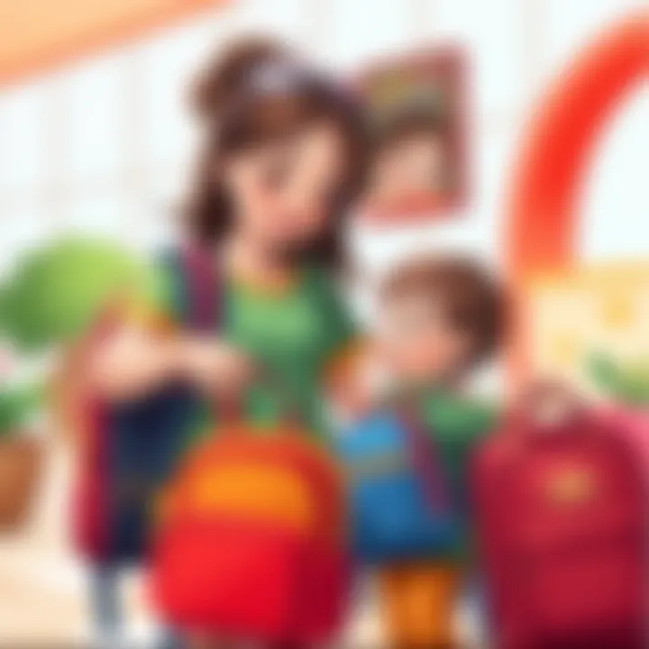 Mother and child selecting a school bag together