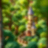 A whimsical illustration of Rapunzel's tower surrounded by a lush forest.