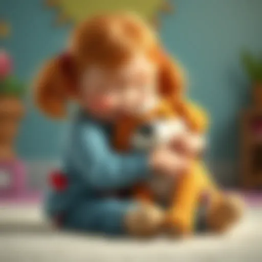A child cuddling a realistic plush dog, showcasing imagination and emotional connection.