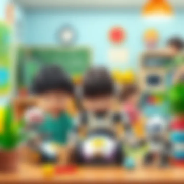 An educational setting where children use robotic toys for interactive learning.