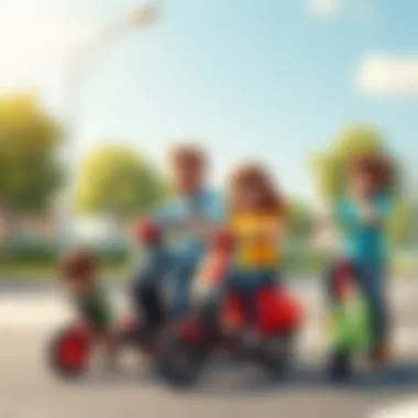 Parents supervising children on scooters