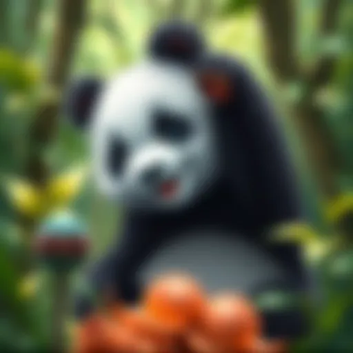 A playful panda cub amidst a lush green forest.