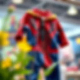 Colorful Spider-Man costume displayed on a hanger