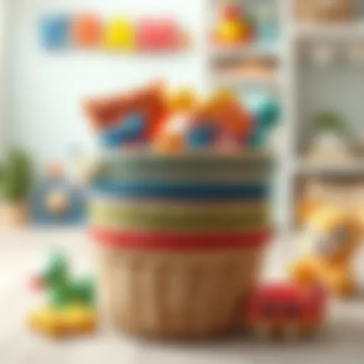 Stylish layered toy basket organizing toys in a child's room