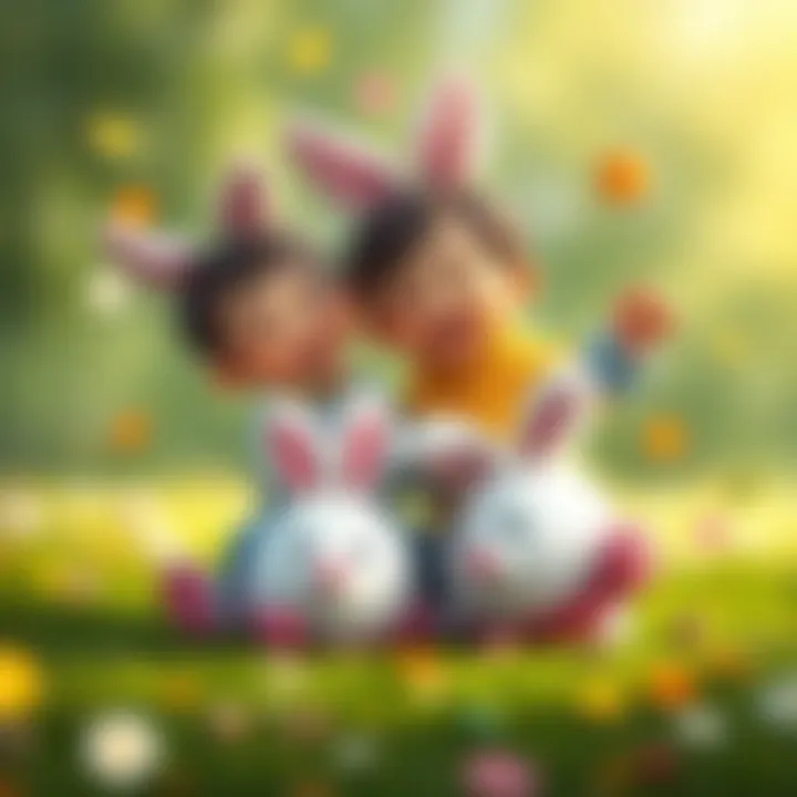 Children playing joyfully with bunny slippers