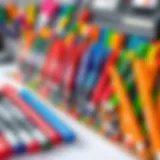 A vibrant assortment of single marker pens arranged neatly on a desk, showcasing various colors and types.