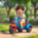 A child enjoying a ride on a three-wheeled vehicle in a park setting