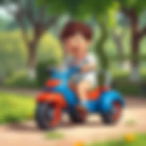 A child enjoying a ride on a three-wheeled vehicle in a park setting