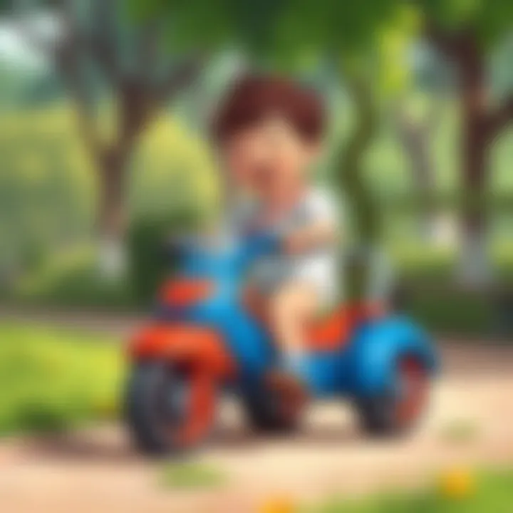 Joyful Play on Three Wheels A child enjoying a ride on a three-wheeled vehicle in a park setting