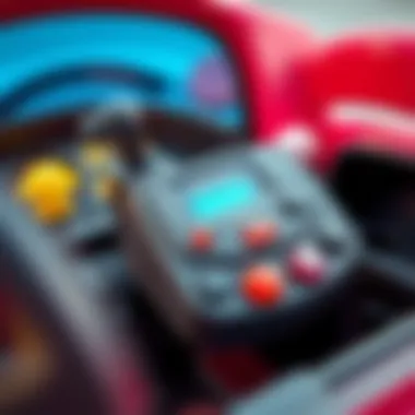 Close-up of a gas-powered toy car's features and controls