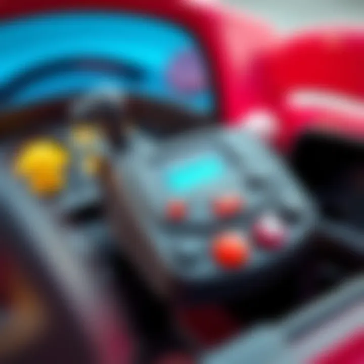Close-up of a gas-powered toy car's features and controls