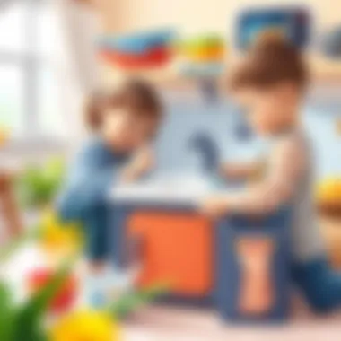 Children engaging in imaginative play with a toy dishwashing set