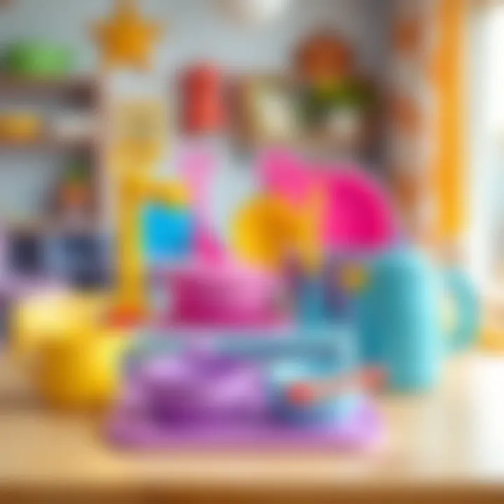 A colorful toy dishwashing set displayed on a play table