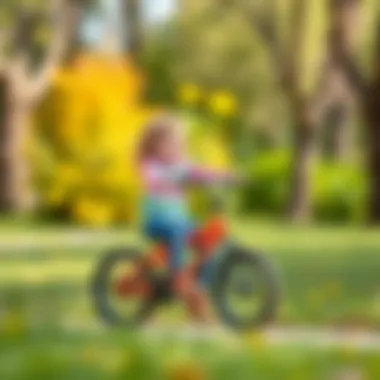 A child riding a two-wheeler bicycle in a park