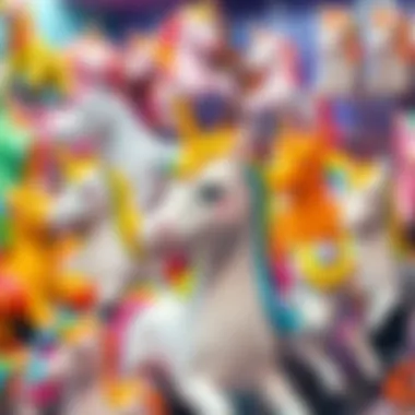 Colorful collection of unicorn toys displayed creatively