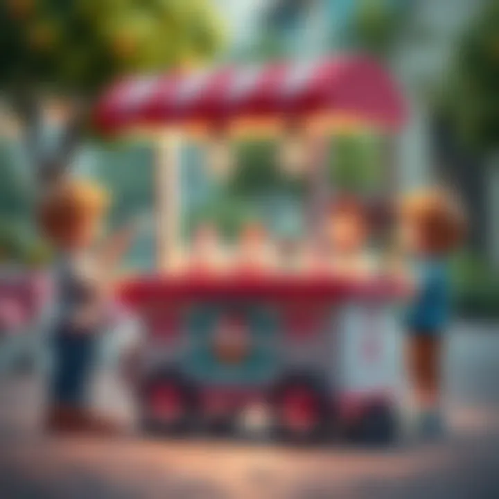 A vibrant scene of kids role-playing with a toy ice cream cart