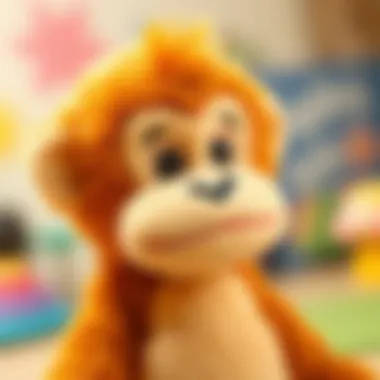 A close-up of a monkey plush toy designed for skill development